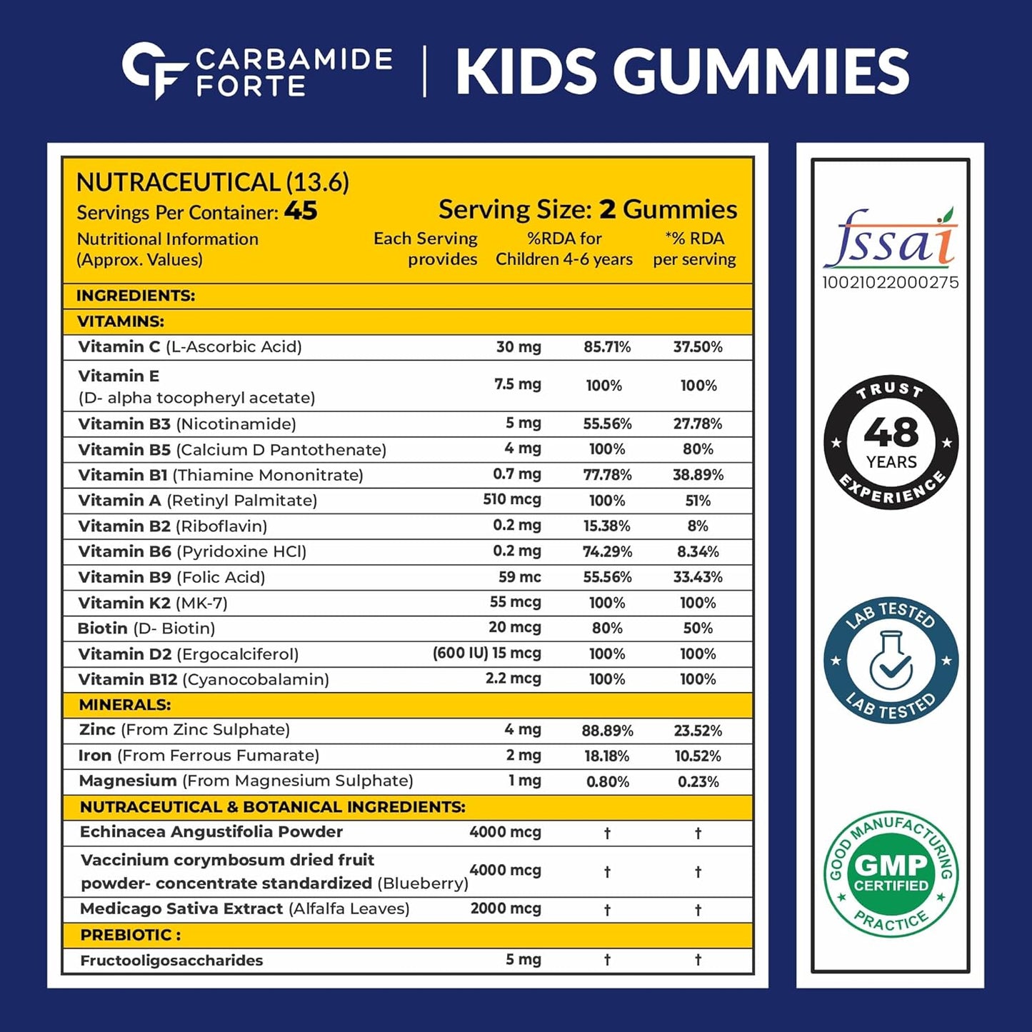 Carbamide Forte Multivitamin for Kids | Multivitamin Gummies for Kids with 20 Nutrients | Kid Gummy | Multi Vitamin Gummies Kid's For Immunity Boost | 60 Gummy Bear