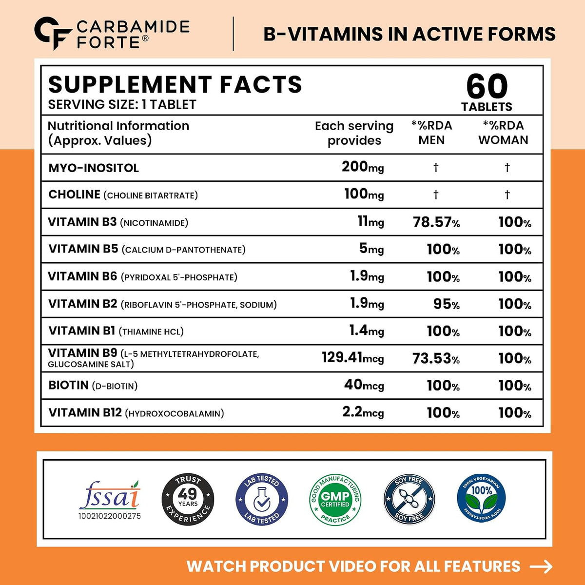 Bioactive B Complex with Methylated B Vitamins | 100% RDA | Choline, Myo-Inositol & Biotin | 60 Tablets