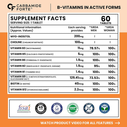 Bioactive B Complex with Methylated B Vitamins | 100% RDA | Choline, Myo-Inositol & Biotin | 60 Tablets