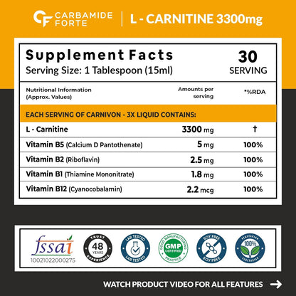 Carbamide Forte L Carnitine Liquid 3300mg | L-Carnitine Supplement For Men & Women | Liquid L Carnitine Pre Workout, Intra Workout & Post Workout Supplement With 3300 mg Per Serving With Added Vitamins | L’Carnitine Mango Flavour With 30 Servings - 450ml