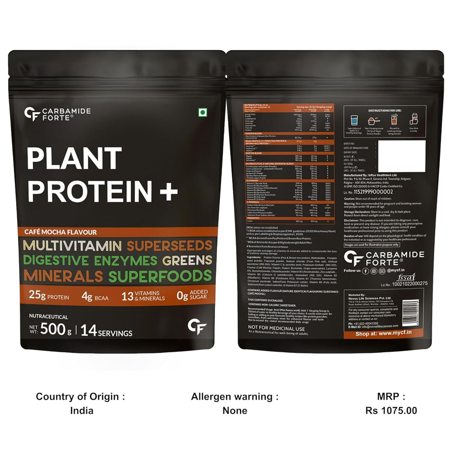 Carbamide Forte Plant Protein Powder - Plant Based Protein Powder With Multivitamin, Minerals, Superfoods, Pea Protein, Digestive Enzymes | Plant Protein Powder - Cafemocha Flavour 500Grams, 1 Scoop