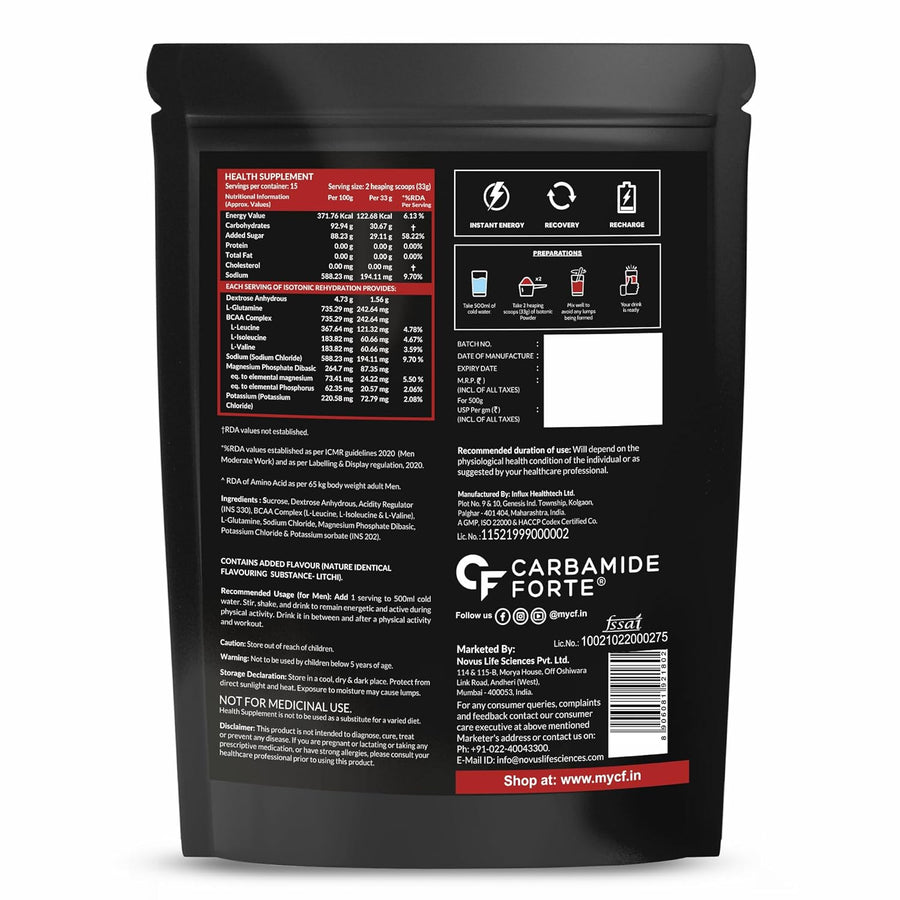 Carbamide Forte Isotonic Powder | Pre Workout Supplement For Men And Women| Instant Energy Drink for PreWorkout | Electrolytes Powder with added BCAA & L Glutamine - Litchi Flavour - 500g (Pack of 1)