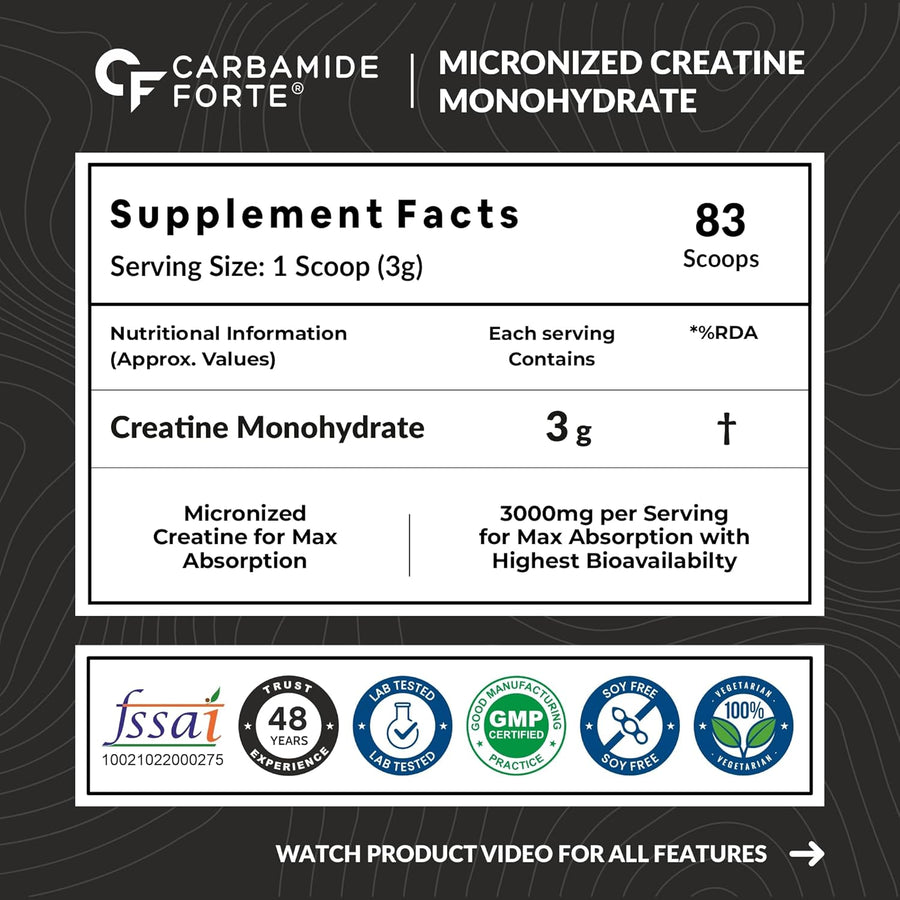 Carbamide Forte Monohydrate Creatine Powder | Micronized Monohydrate 250gm | Creatine Supplement for Lean Muscle Volumization, Strength & Energy - Unflavoured - 83 Servings - 250g