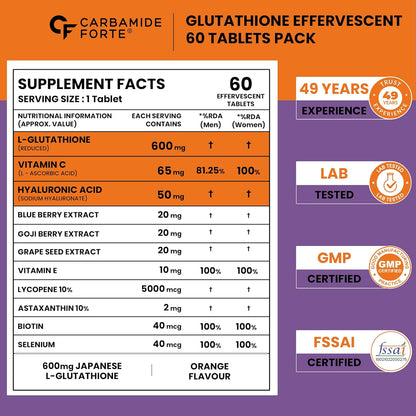 Japanese Reduced L-Glutathione Effervescent Tablets 600mg for Skin Health Support Pack of 60 Tablets