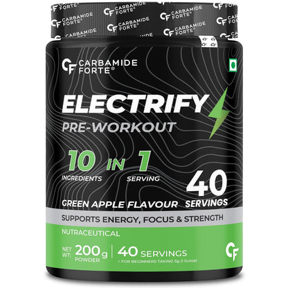 Carbamide Forte Pre Workout for Men & Women | Pre Workout Supplement Powder | Preworkout Supplements For Men For Energy, Focus & Strength | Pre-Workout For Men & Women GreenApple Flavour | Pre Workout For Women With 40 Servings - 200g