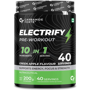 Carbamide Forte Pre Workout for Men & Women | Pre Workout Supplement Powder | Preworkout Supplements For Men For Energy, Focus & Strength | Pre-Workout For Men & Women GreenApple Flavour | Pre Workout For Women With 40 Servings - 200g