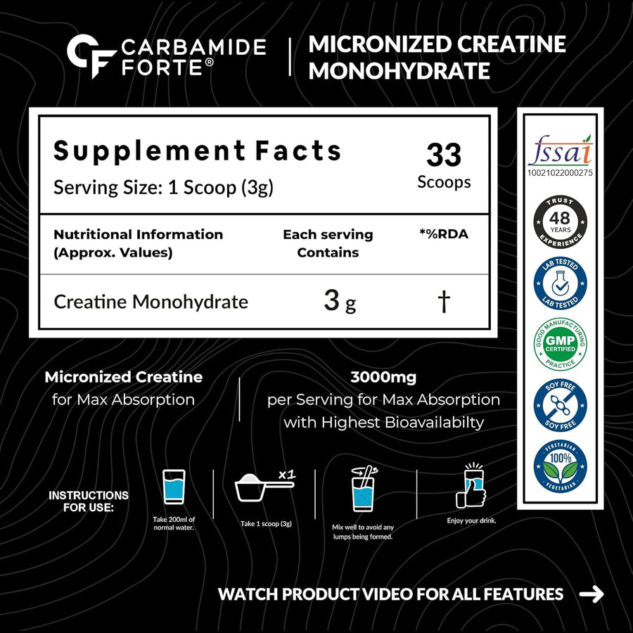 Carbamide Forte Micronized Creatine Monohydrate 100gm Supplement Powder | Monohydrate Creatine Powder for Lean Muscle Volumization, Strength & Energy - Unflavoured - 33 Servings - 100g