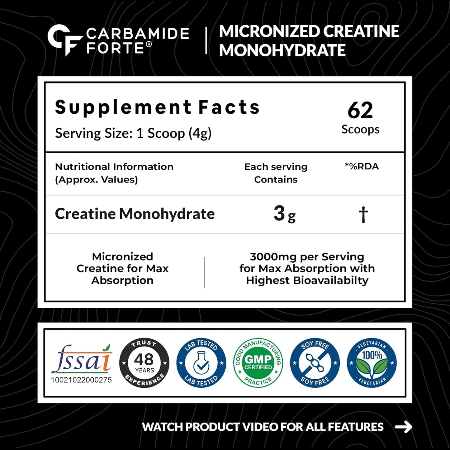 Carbamide Forte Micronised Creatine Monohydrate Powder | Creatine Supplement for Lean Muscle Volumization, Strength & Energy-Cola- 62 Servings - 250 Grams