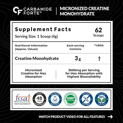 Carbamide Forte Micronised Creatine Monohydrate Powder | Creatine Supplement for Lean Muscle Volumization, Strength & Energy-Cola- 62 Servings - 250 Grams