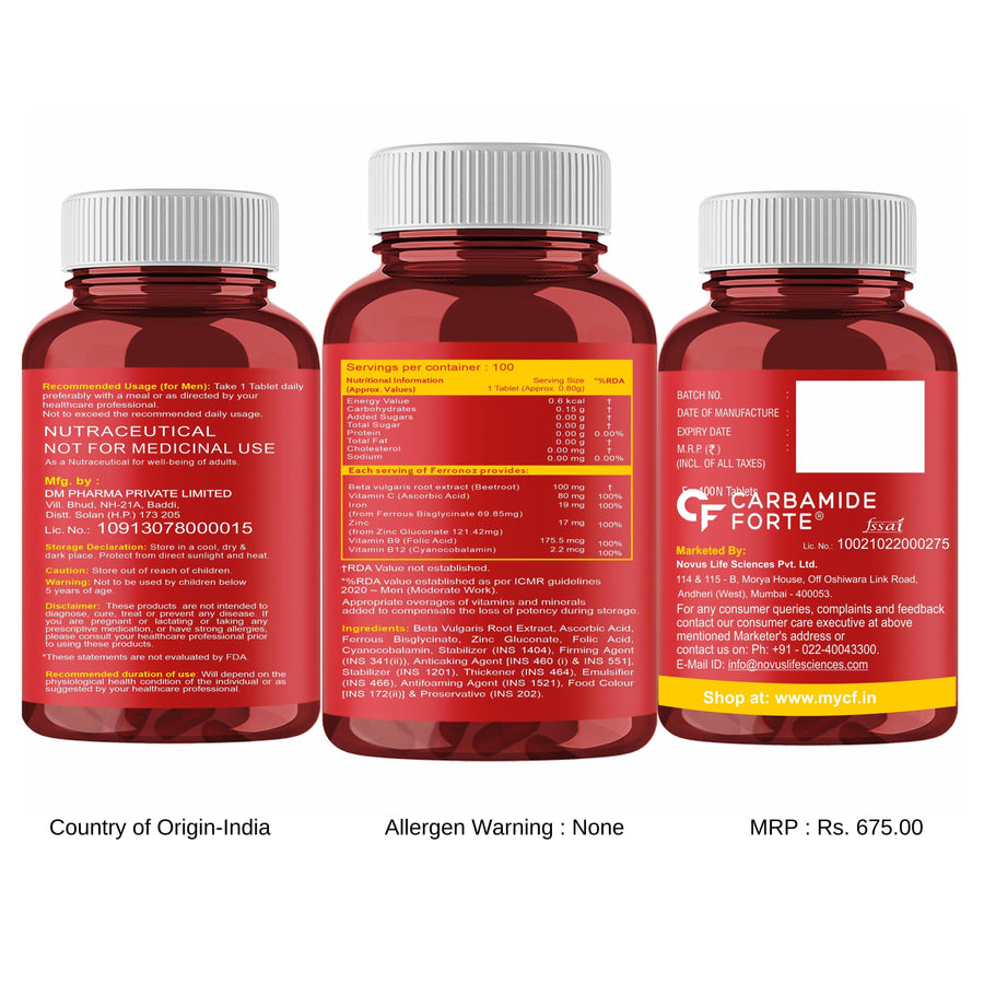 Carbamide Forte Chelated Iron + Vitamin C, B12, Folic Acid & Zinc - 100 Veg Tablets