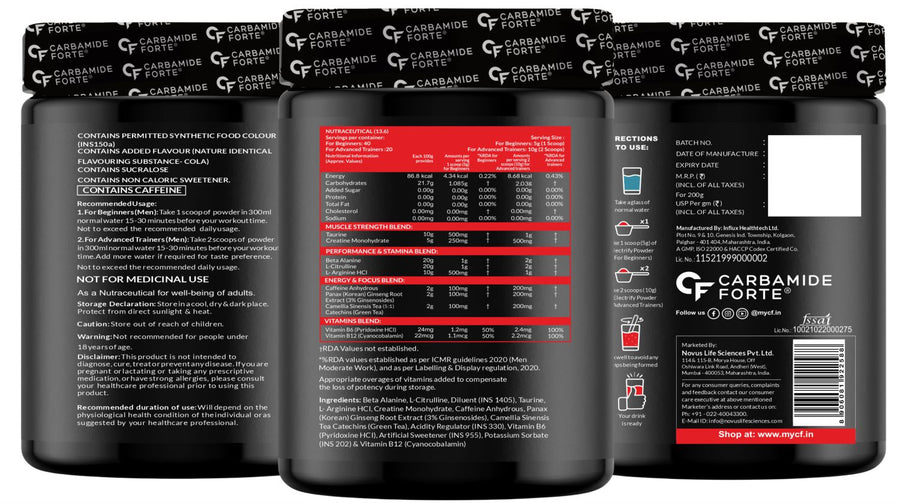 Carbamide Forte Pre Workout for Men & Women | Pre Workout Supplement Powder | Preworkout Supplements For Men For Energy, Focus & Strength | Pre-Workout For Men & Women Cola Flavour | Pre Workout For Women With 40 Servings - 200g