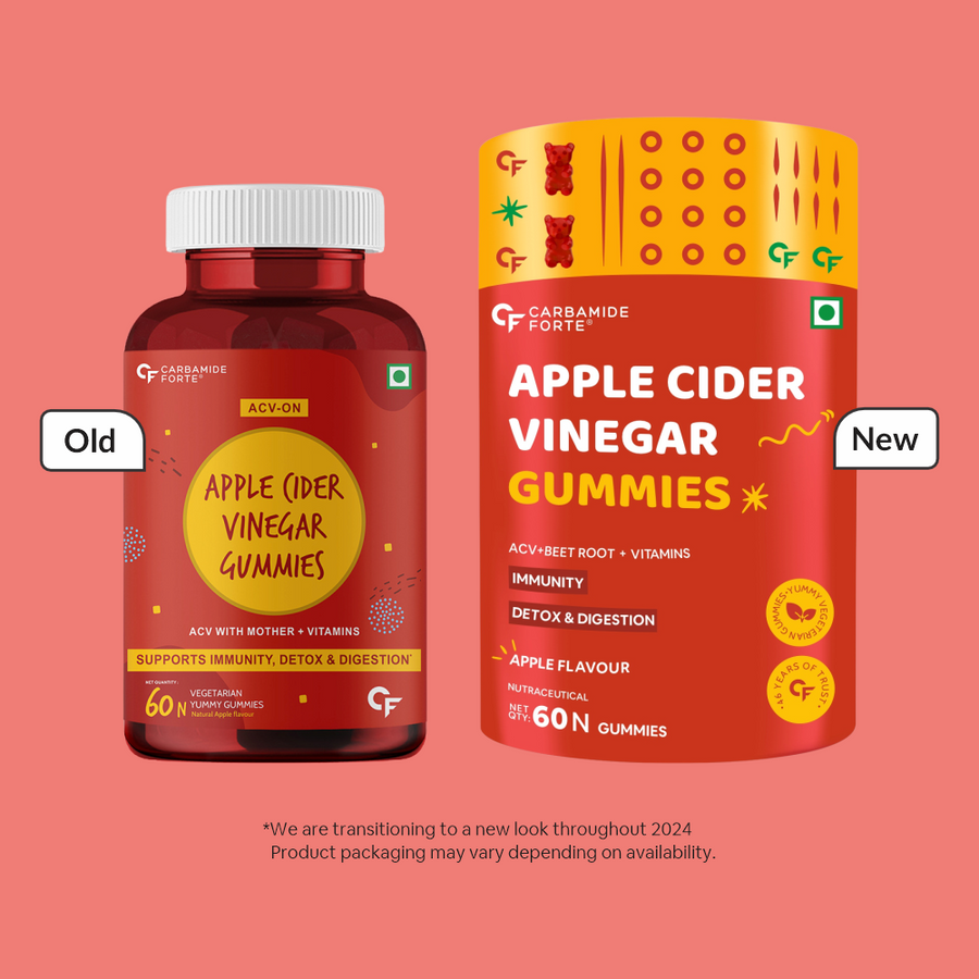 Carbamide Forte Apple Cider Vinegar Gummies - with Vitamin D & E | ACV Gummies with Mother & Vitamins - 60 Vegan Gummies