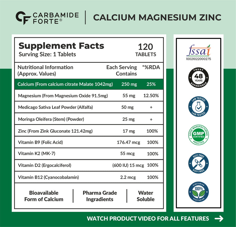 Carbamide Forte Calcium Tablets for Women & Man | Calcium Magnesium Zinc Tablets | Calcium Supplements for Men with Calcium Citrate, Calcium Tablet with Vitamin K2 MK7 & Vitamin B12 - Bone Health & Joint Support - 120 Calcium Tablets for Man