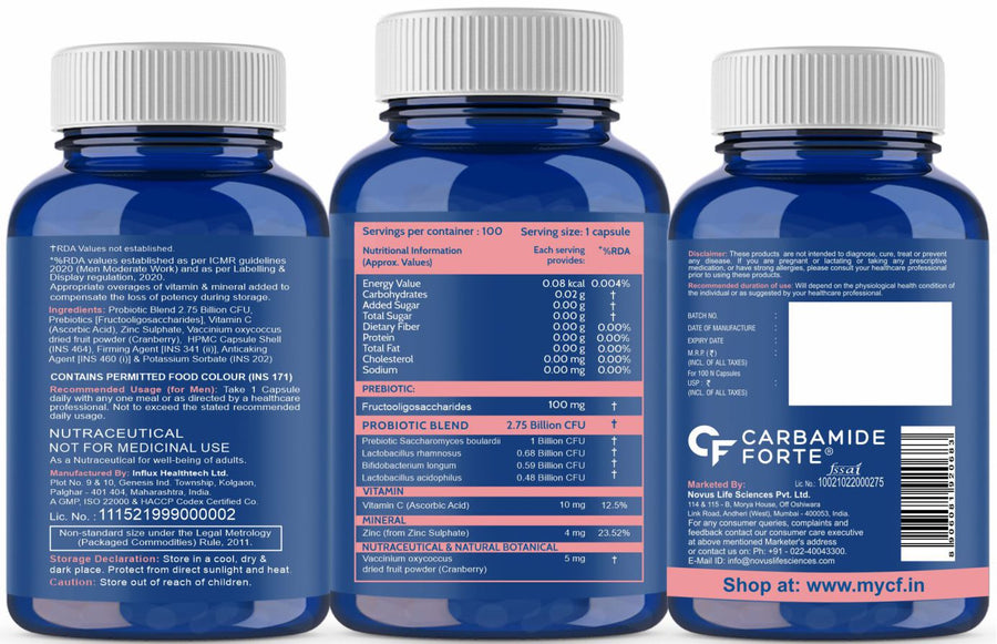 Carbamide Forte Probiotics Supplement 2.75 Billion with Prebiotics -100 Capsules