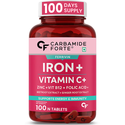 Carbamide Forte Iron Supplement for Women & Men | Folic Acid Tablets with Vitamin C, B12, Zinc | 100 Veg Iron Tablets for Women & Men