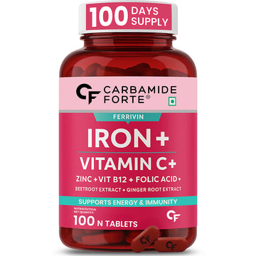 Carbamide Forte Iron Supplement for Women & Men | Folic Acid Tablets with Vitamin C, B12, Zinc | 100 Veg Iron Tablets for Women & Men