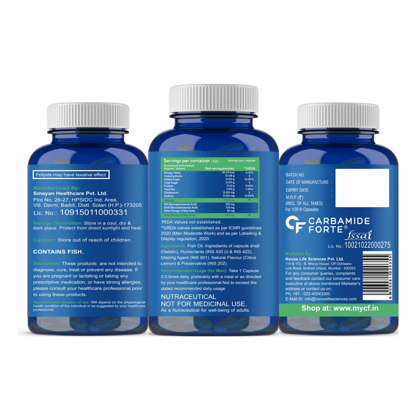 Carbamide Forte Double Strength Fish Oil 1000mg with Omega 3 600mg -120 Capsules, 250 grams