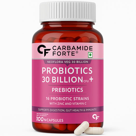 Carbamide Forte 30 Billion Probiotics Supplement | Gut Cleanse Detox | Gut Health Supplement with Prebiotics and Probiotics | Lactobacillus Reuteri 100 Veg Capsules for Men & Women