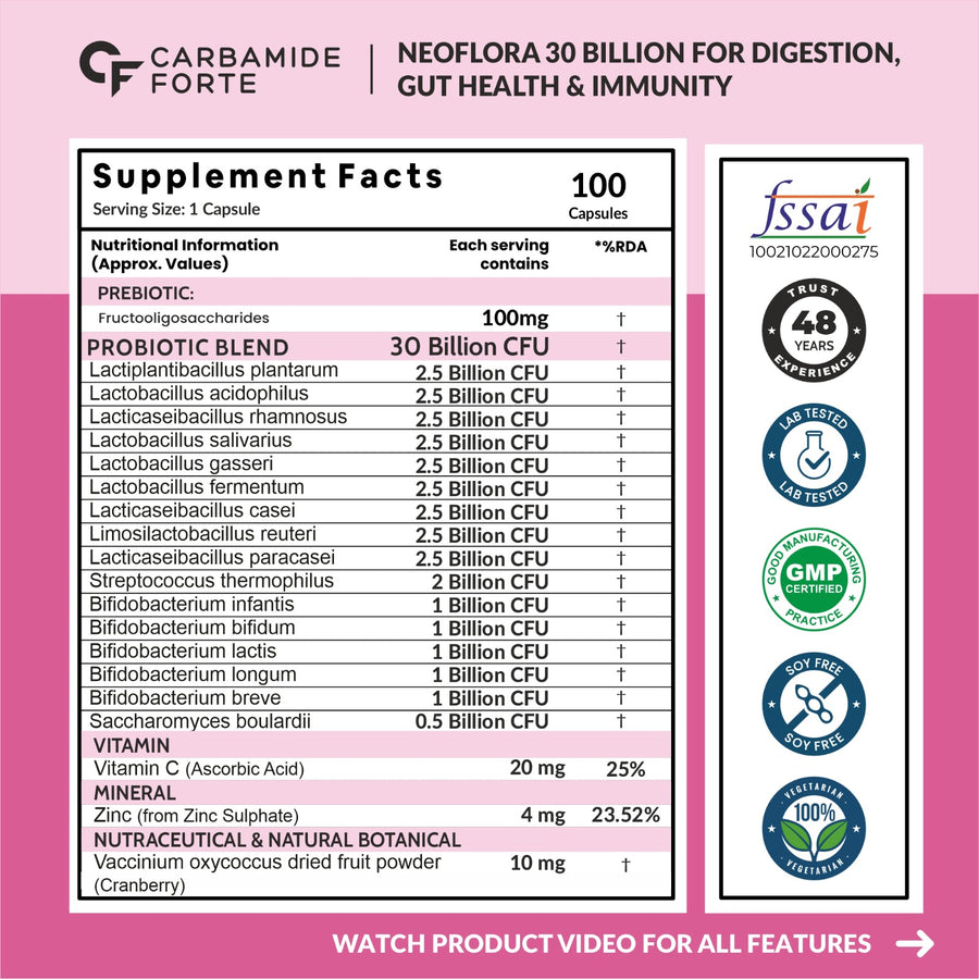Carbamide Forte Probiotics Supplement 30 Billion for Women & Men - 100 Veg Capsules