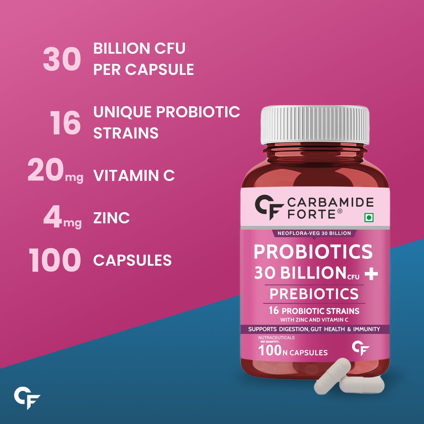 Carbamide Forte 30 Billion Probiotics Supplement | Gut Cleanse Detox | Gut Health Supplement with Prebiotics and Probiotics | Lactobacillus Reuteri 100 Veg Capsules for Men & Women