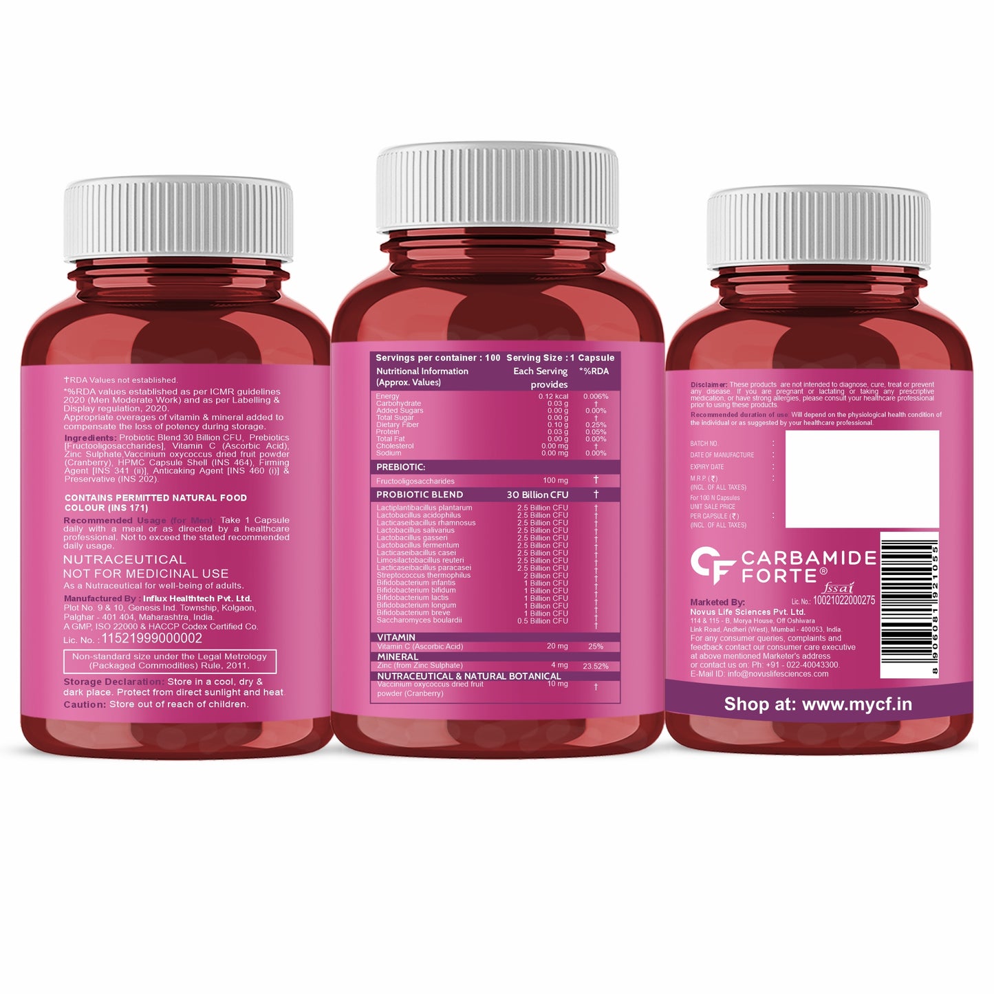 Carbamide Forte 30 Billion Probiotics Supplement | Gut Cleanse Detox | Gut Health Supplement with Prebiotics and Probiotics | Lactobacillus Reuteri 100 Veg Capsules for Men & Women