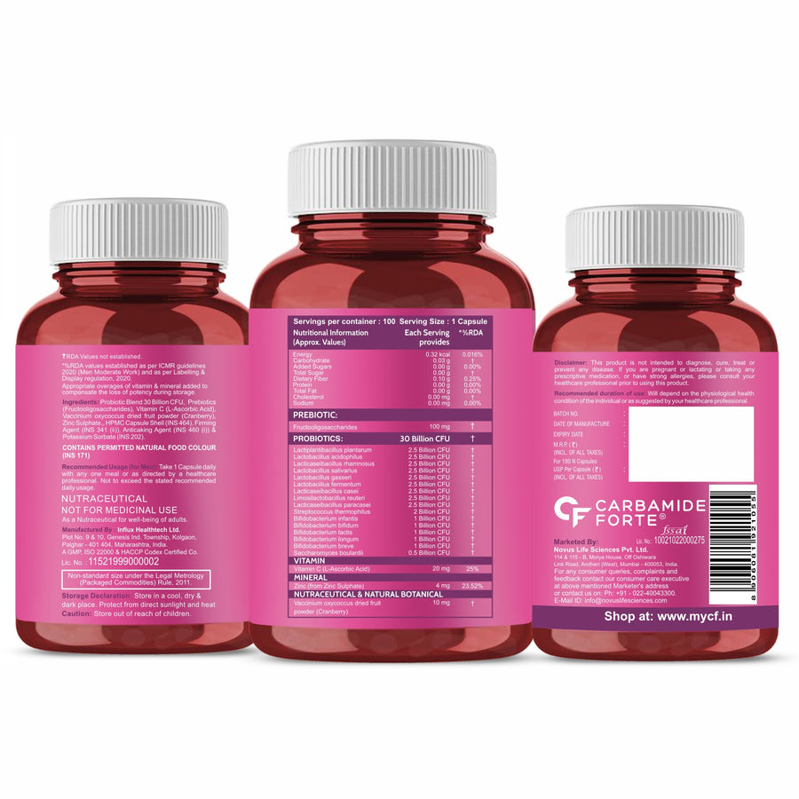 Carbamide Forte Probiotics Supplement 30 Billion for Women & Men - 100 Veg Capsules