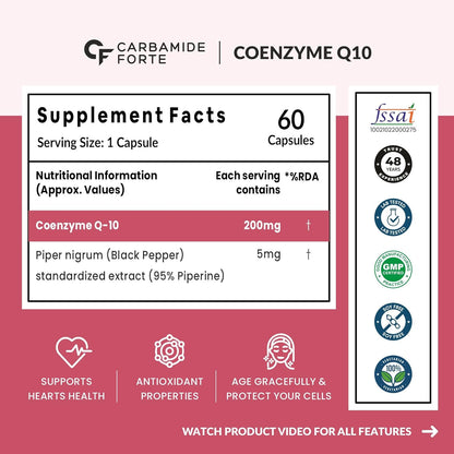 Carbamide Forte Coenzyme Q10 (CoQ10) 200mg with Piperine 5mg | Supports Heart Health and Vascular Health | 100% Vegetarian – 60 Capsules