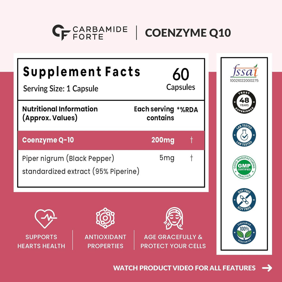 Carbamide Forte Coenzyme Q10 200mg | CoQ10 Supplement | with Piperine 5mg | Supports Heart Health and Vascular Health | 100% Vegetarian – 60 Co Q 10 Supplement Capsules