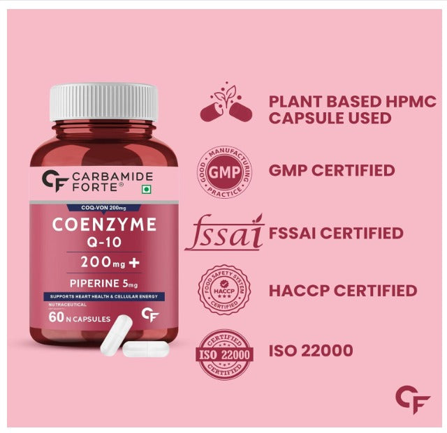 Carbamide Forte Coenzyme Q10 200mg | CoQ10 Supplement | with Piperine 5mg | Supports Heart Health and Vascular Health | 100% Vegetarian – 60 Co Q 10 Supplement Capsules