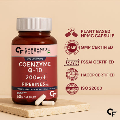 Carbamide Forte Coenzyme Q10 (CoQ10) 200mg with Piperine 5mg | Supports Heart Health and Vascular Health | 100% Vegetarian – 60 Capsules