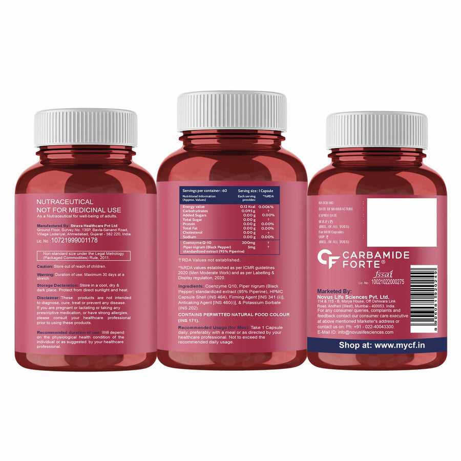 Carbamide Forte Coenzyme Q10 200mg | CoQ10 Supplement | with Piperine 5mg | Supports Heart Health and Vascular Health | 100% Vegetarian – 60 Co Q 10 Supplement Capsules