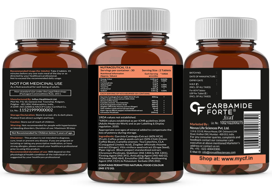 Carbamide Forte Fat Burner for Men & Women | Weight Loss Support - 60 Veg Tablets, 180 Grams, 30 Servings