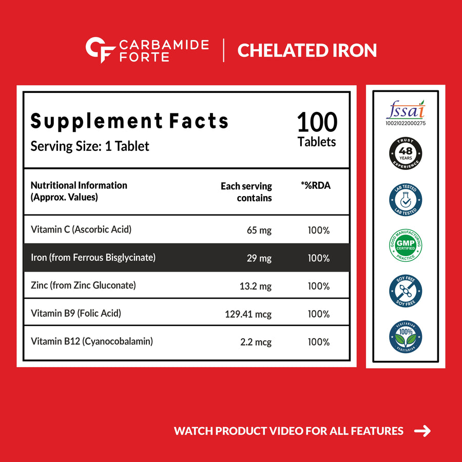 Carbamide Forte Chelated Iron Supplement for Women and Men with Vitamin C, B12, Zinc | 100 Veg Iron & Folic Acid Tablets