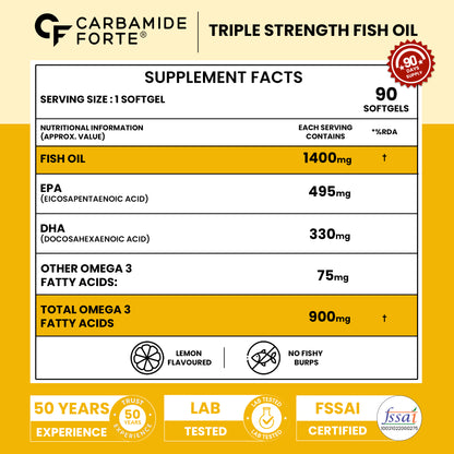 Carbamide Forte Triple Strength Omega 3 Fish Oil Capsules 1400mg | Omega 3 Supplement | Omega3 Fatty Acid Supplement To Support Heart, Joints & Skin - 1400mg | 90 Softgel Capsules