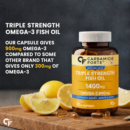 Carbamide Forte Triple Strength Omega 3 Fish Oil Capsules 1400mg | Omega 3 Supplement | Omega3 Fatty Acid Supplement To Support Heart, Joints & Skin - 1400mg | 90 Softgel Capsules