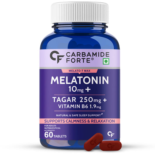 Carbamide Forte Melatonin 10 mg Sleeping Pills with Tagar 250 mg | Sleep Supplement for Men & Women | Melatonin Tablet for Restful Deep Sleeps - 60 Veg Tablets.