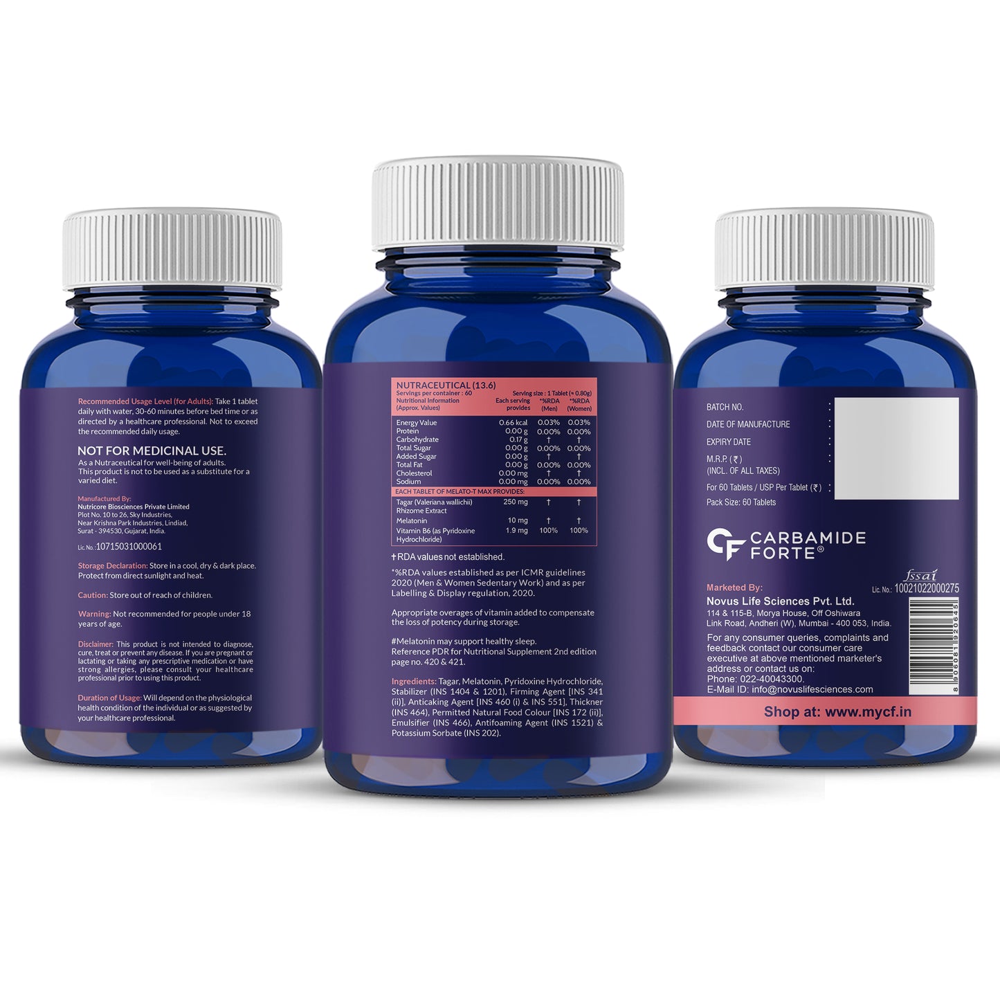 Carbamide Forte Melatonin 10 mg Sleeping Pills with Tagar 250 mg | Sleep Supplement for Men & Women | Melatonin Tablet for Restful Deep Sleeps - 60 Veg Tablets.