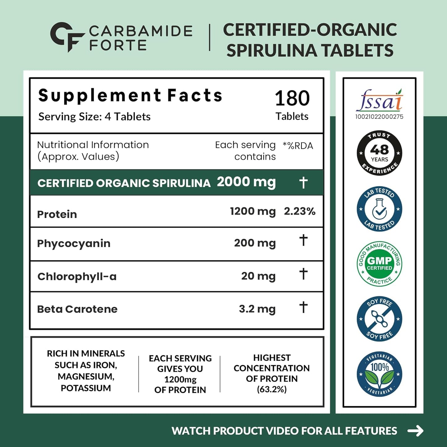 Carbamide Forte 100% Organic Spirulina Tablets 2000 mg Per Serving - Spirulina Powder Organic Tablets | Supports Energy, Immunity & Detox | Certified Spirulina Tablet - 180 Tablets