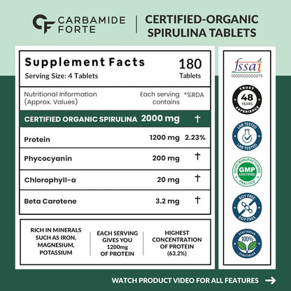 Carbamide Forte 100% Organic Spirulina Tablets 2000 mg Per Serving - Spirulina Powder Organic Tablets | Supports Energy, Immunity & Detox | Certified Spirulina Tablet - 180 Tablets
