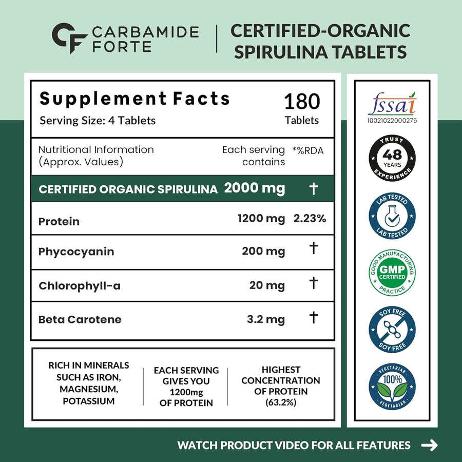 Carbamide Forte 100% Organic Spirulina Tablets 2000 mg Per Serving - Spirulina Supplement | Supports Energy, Immunity & Detox | Certified Spirulina Organic Tablet - Veg 180 Tablets