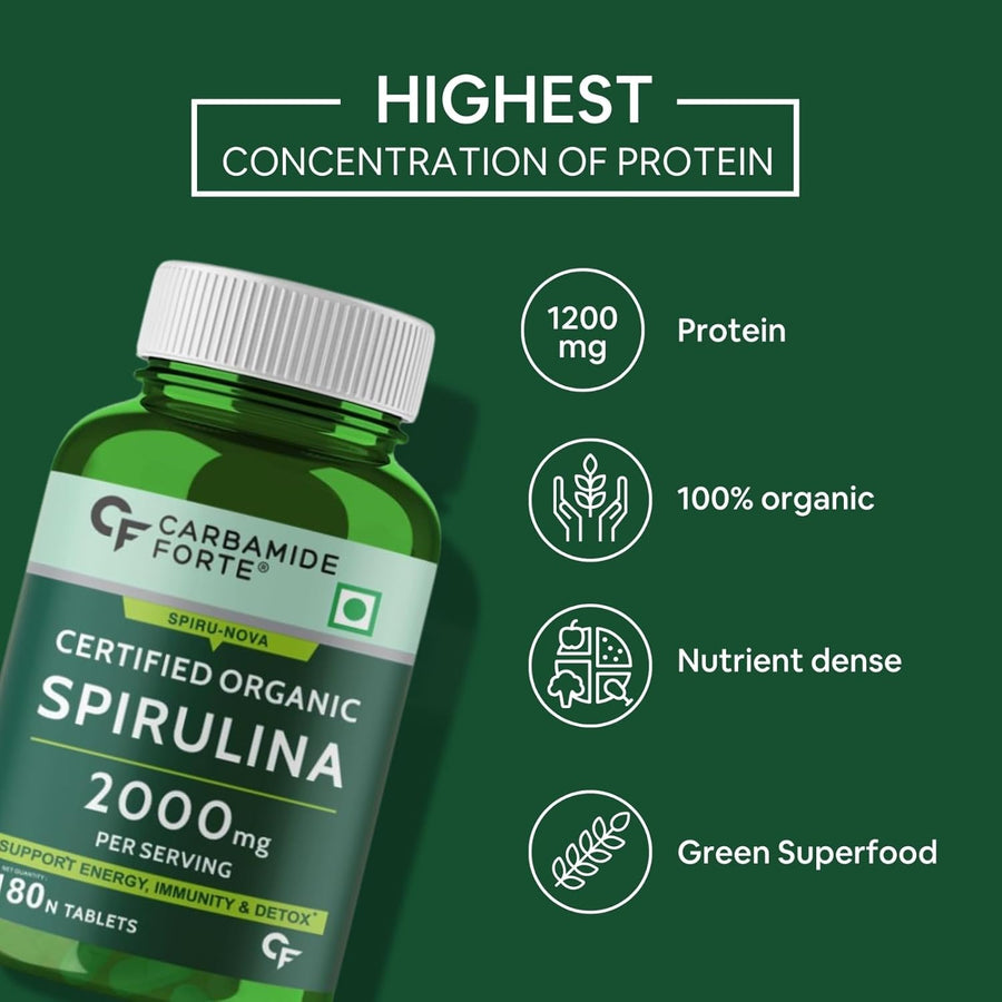 Carbamide Forte 100% Organic Spirulina Tablets 2000 mg Per Serving - Spirulina Supplement | Supports Energy, Immunity & Detox | Certified Spirulina Organic Tablet - Veg 180 Tablets