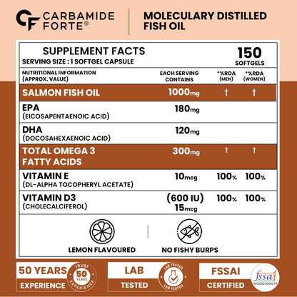 Omega 3 Fish Oil 1000mg with Vitamin D & E – Salmon Fish Oil Softgels (150 Softgels)