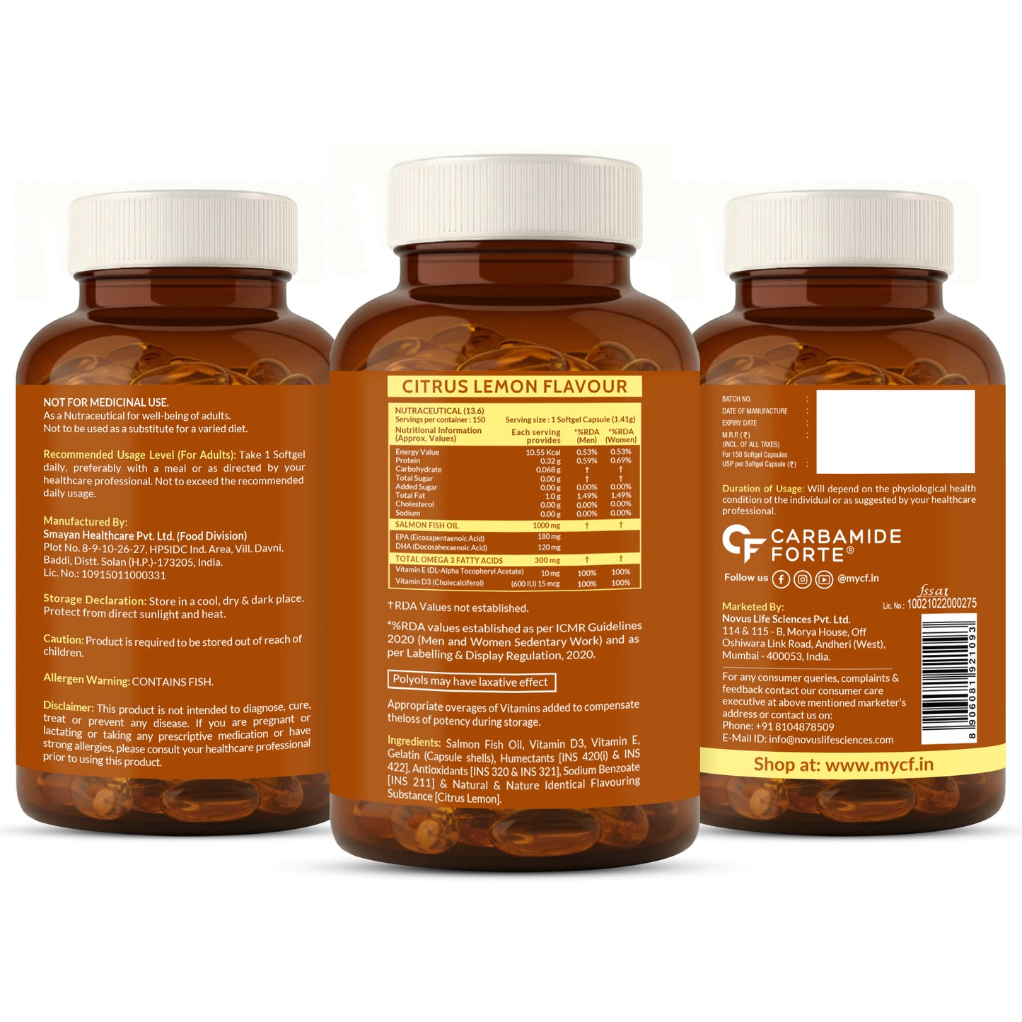 Omega 3 Fish Oil 1000mg with Vitamin D & E – Salmon Fish Oil Softgels (150 Softgels)
