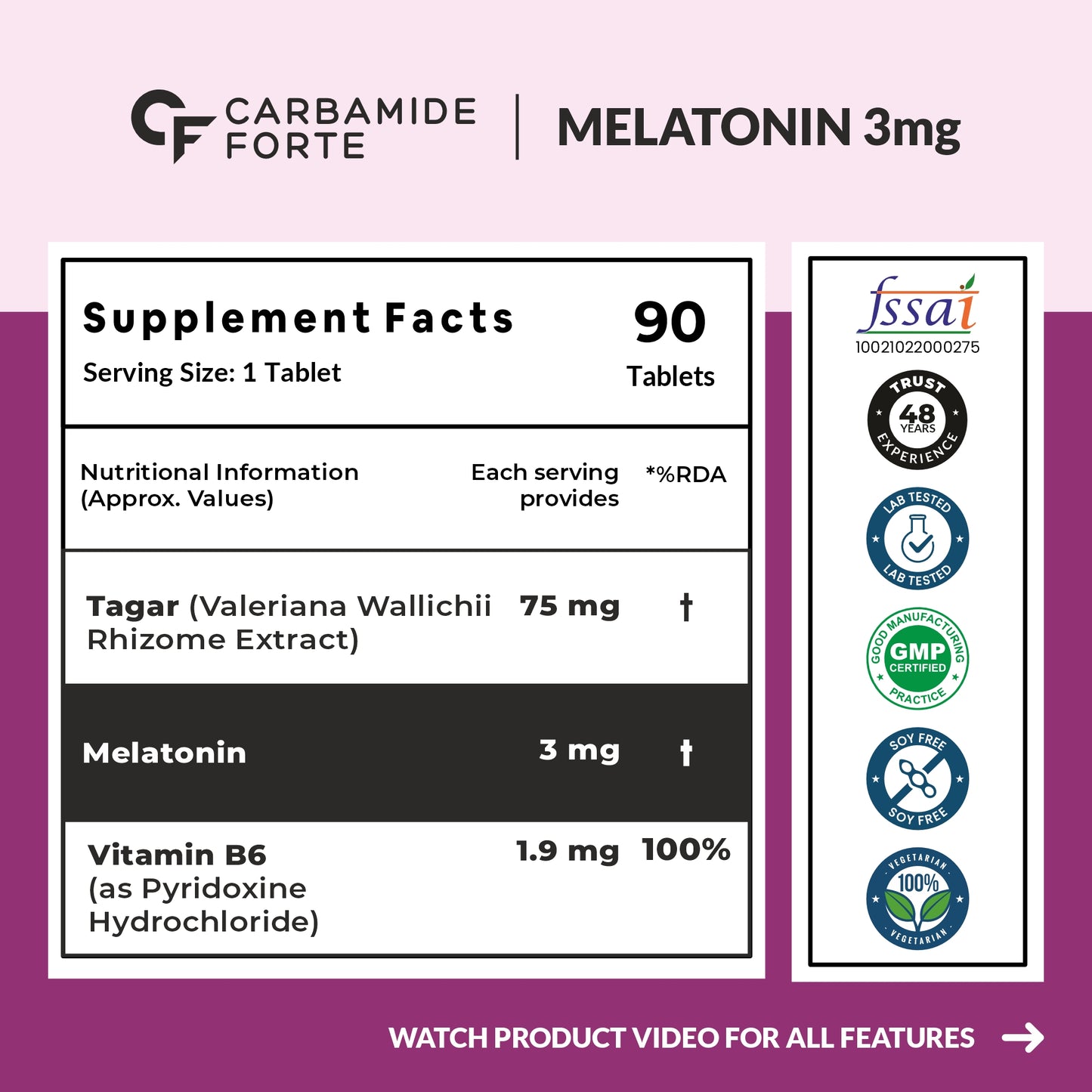 Carbamide Forte Melatonin 3mg With Tagara 75mg Sleeping Aid Pills 90 Tablets