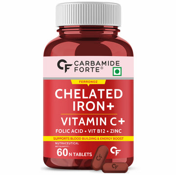 Carbamide Forte Chelated Iron Supplement for Women and Men with Vitamin C, B12, Zinc | 60 Veg Iron and Folic Acid Tablets