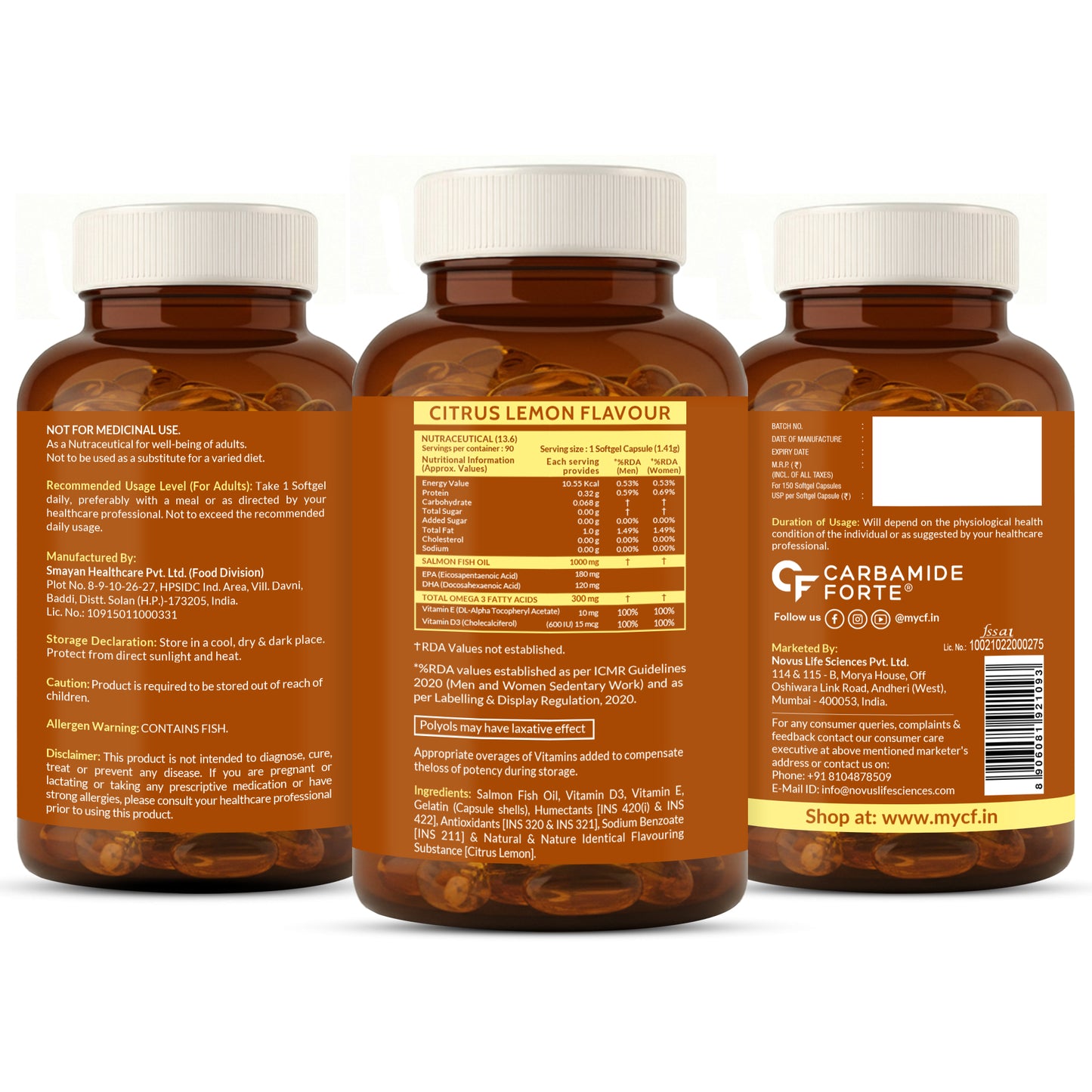 Omega 3 Fish Oil 1000mg with Vitamin D & E – Salmon Fish Oil Softgels (90 Softgels)