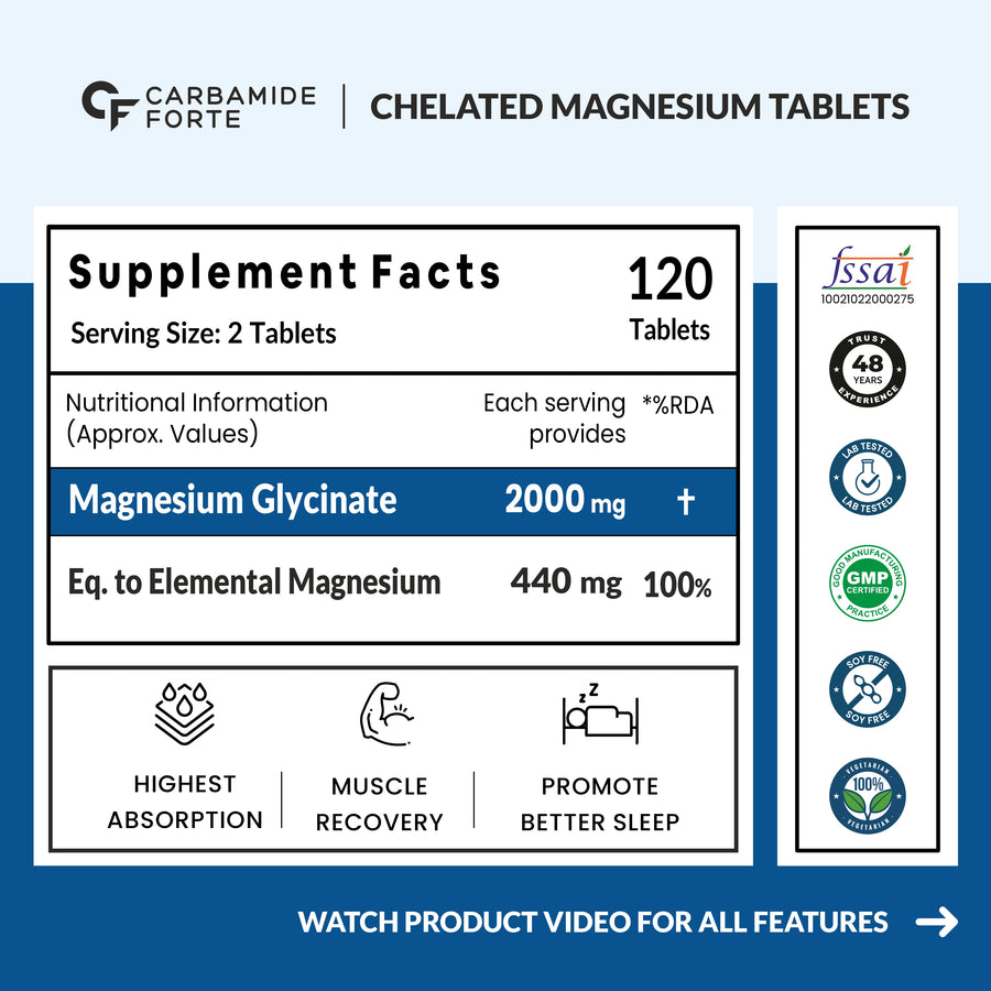 Carbamide Forte Chelated Magnesium Glycinate Supplement 2000mg Per Serving- 120 Veg Tablets