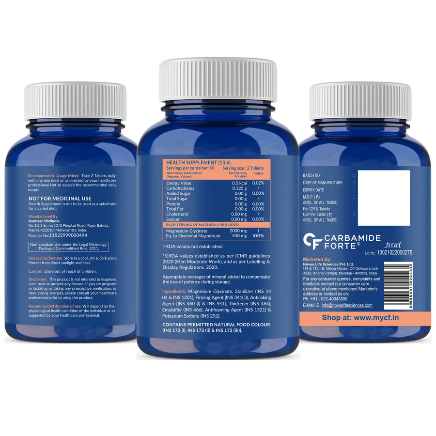 Carbamide Forte Chelated Magnesium Glycinate Tablets | 2000mg Per Serving | Magnesium Supplement Supports Muscle Recovery & Better Sleep - 120 Veg Magnesium Tablets