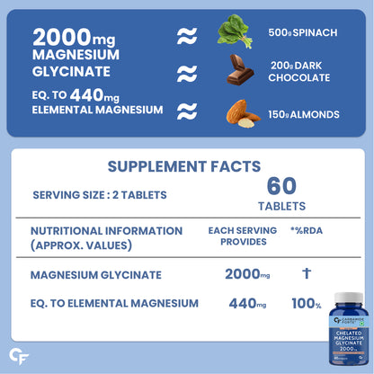Carbamide Forte Chelated Magnesium Glycinate Supplement 2000mg Per Serving | Magnesium Supplement Supports Muscle Recovery & Better Sleep - 60 Veg Tablets