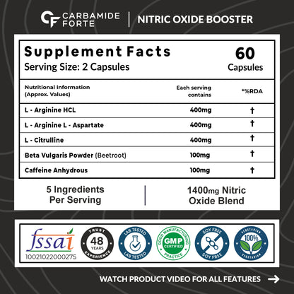 Carbamide Forte Nitric Oxide Supplement for Adults 1200mg with L-Arginine HCL, AAKG, L Citrulline Malate, Beet Root Extract & Caffeine,Veg Capsules 60 Count
